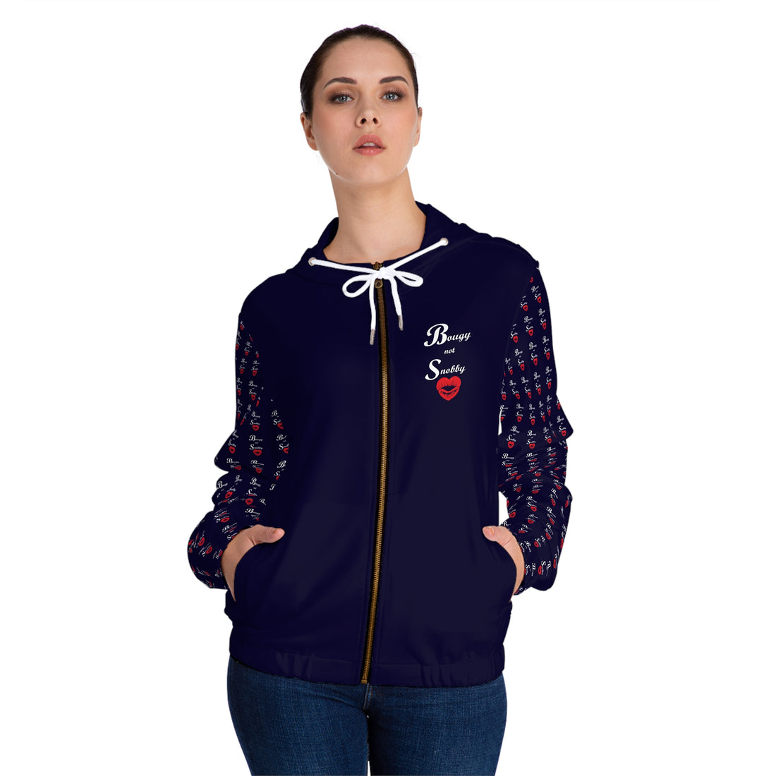 Bougy not Snobby Women’s Full-Zip Navy Hoodie - Tonyalicious Tees