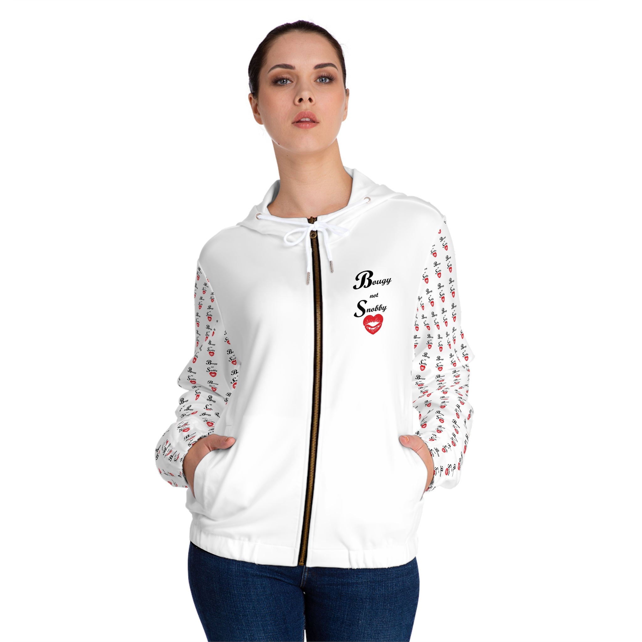 Bougy not Snobby Women’s Full-Zip White Hoodie - Tonyalicious Tees