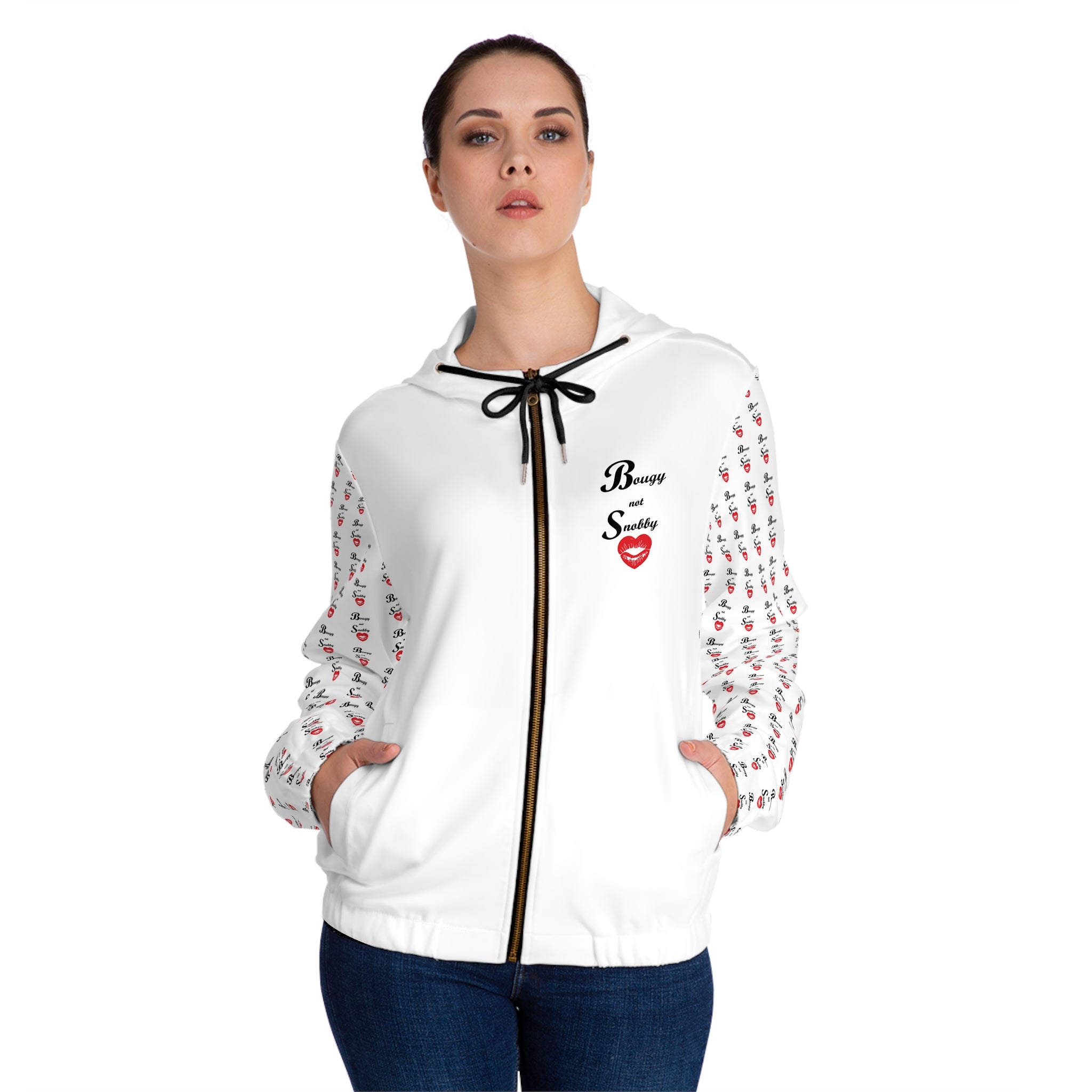 Bougy not Snobby Women’s Full-Zip White Hoodie - Tonyalicious Tees